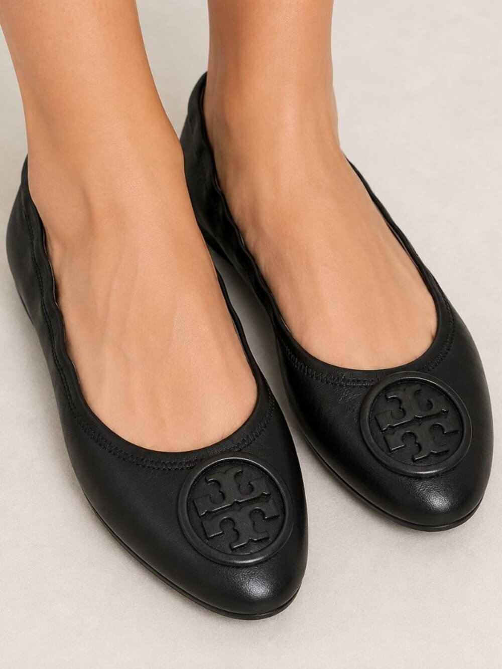 Tory Burch Black Leather Logo Ballet Flats Balletcore Quiet Luxury 7.5